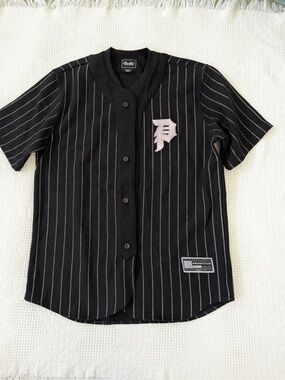 Primitive Black Pinstripe Baseball Jersey with Light Pink 'P' Patch
